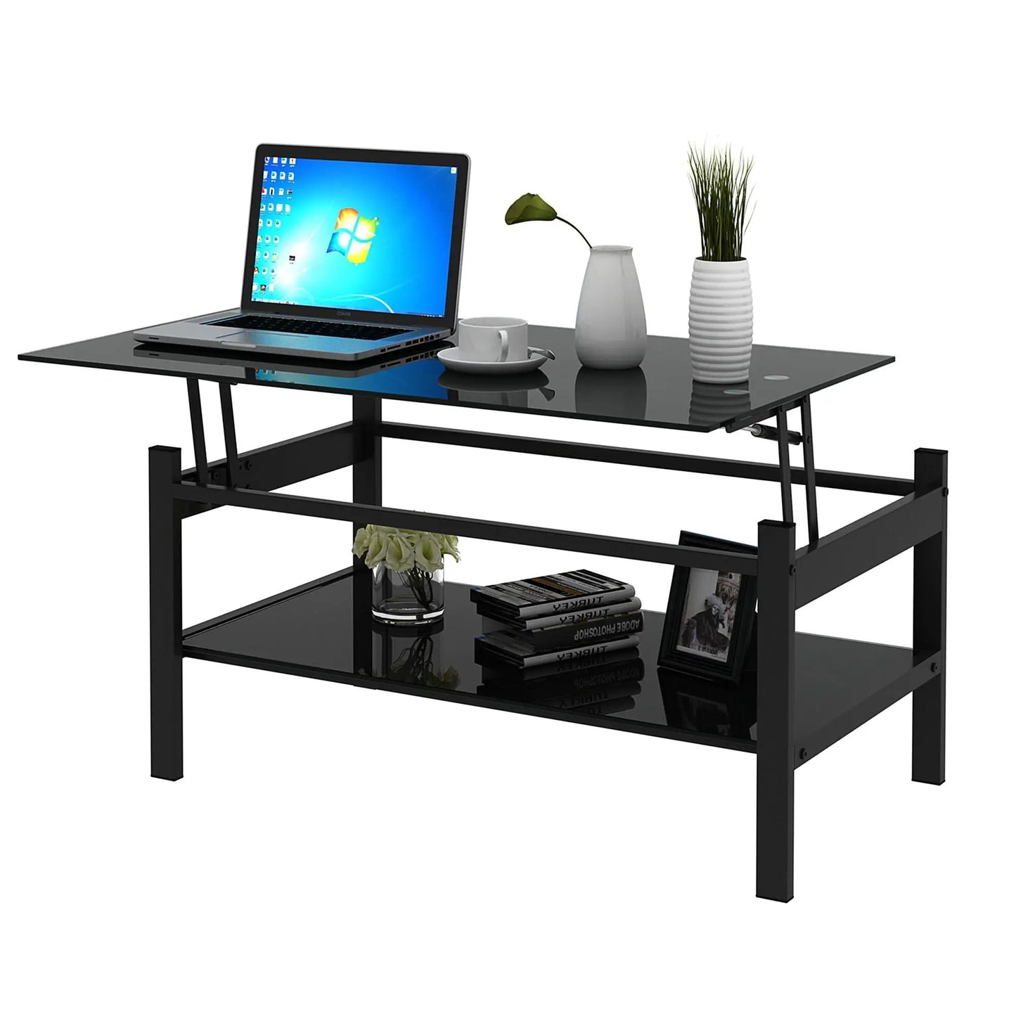 Glass Lift Top Coffee Table for Living Room Black