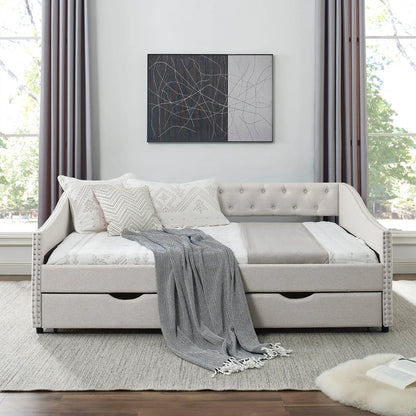 Upholstered Tufted Daybed With Drawers Waved Arms
