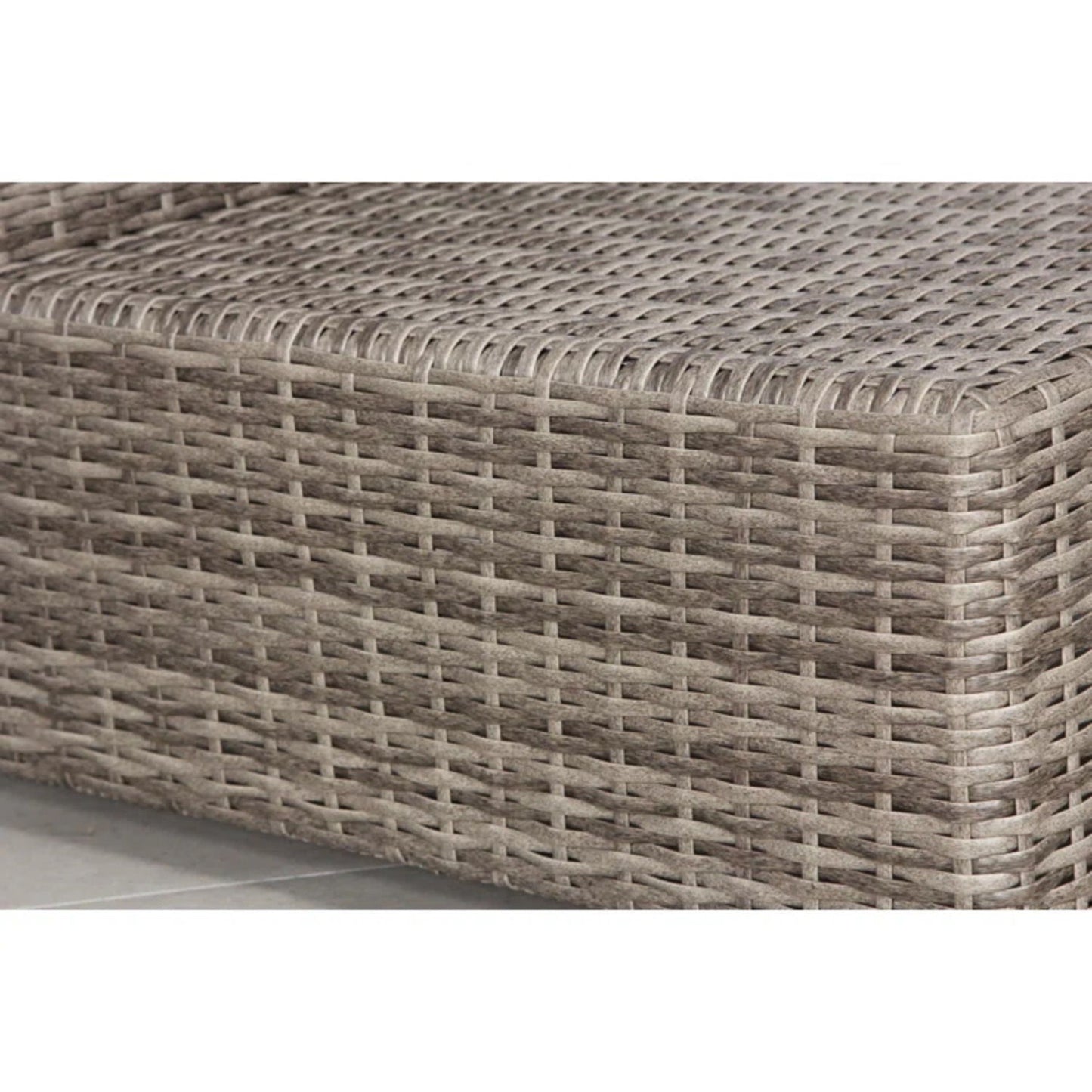 Chic Wide Outdoor Loveseat With Cushions wicker weave close-up in taupe on Tampa Home & Garden Store