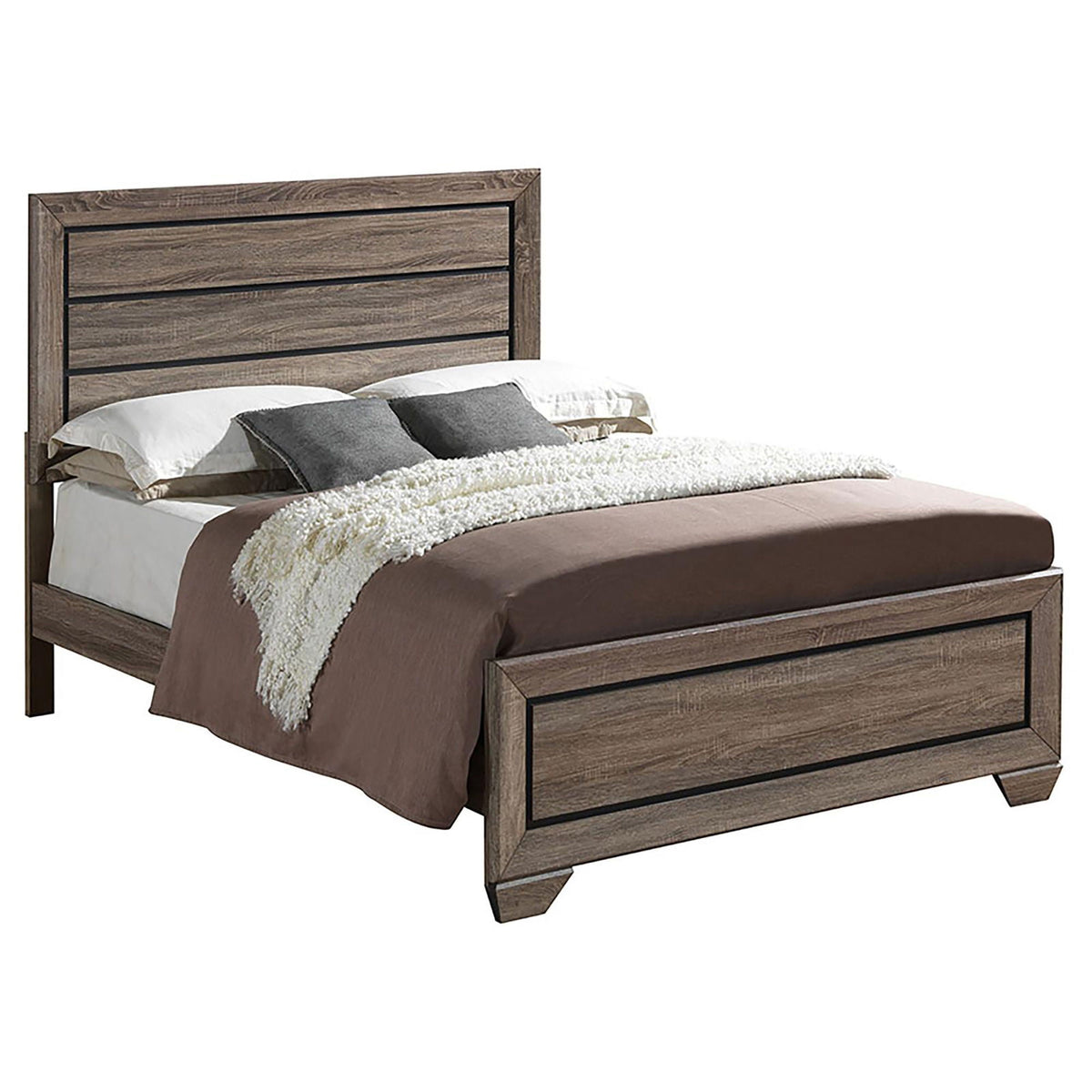 Oatfield panel bed by HouseOfZazla in gray-washed wood with paneled headboard and two-drawer footboard on Tampa Home & Garden Store