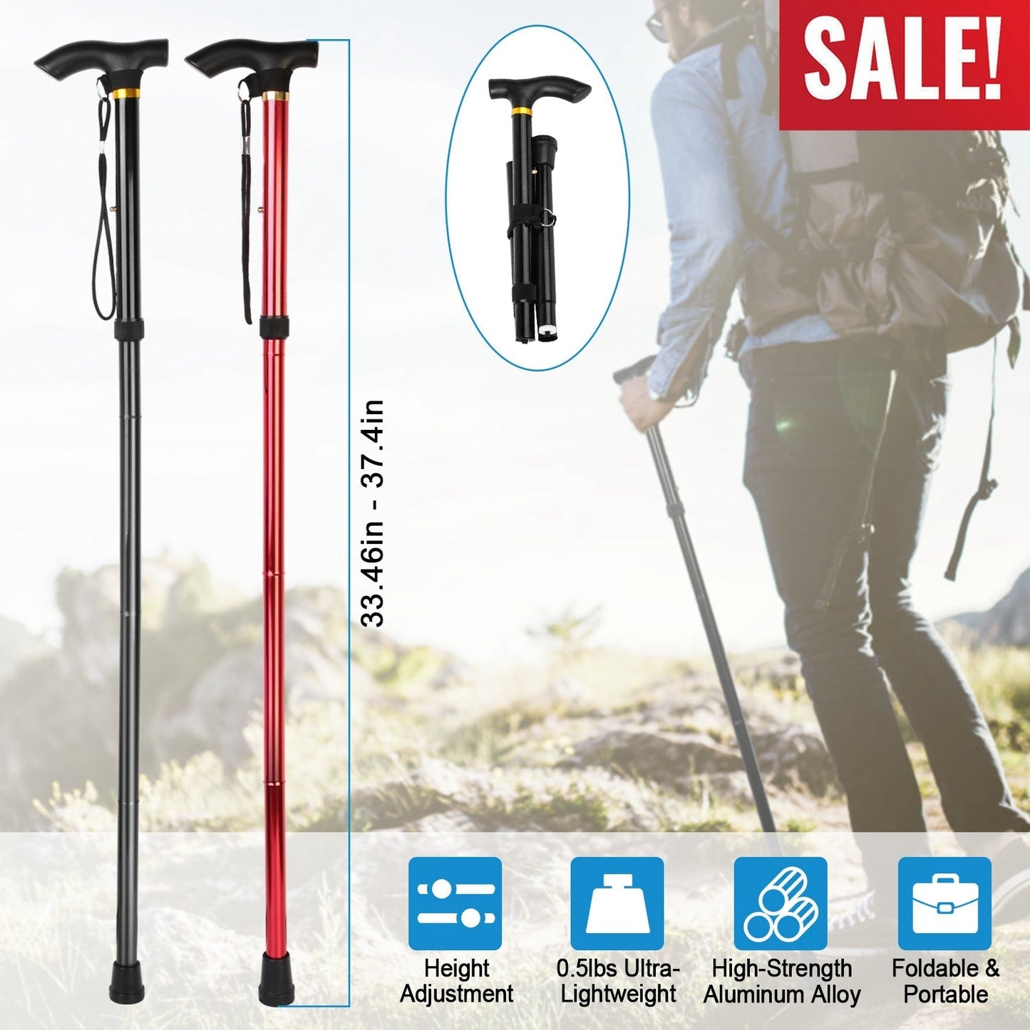 GemGear aluminum walking cane adjustable folding trekking stick with anti-slip tip set of 3 on Tampa Home & Garden Store