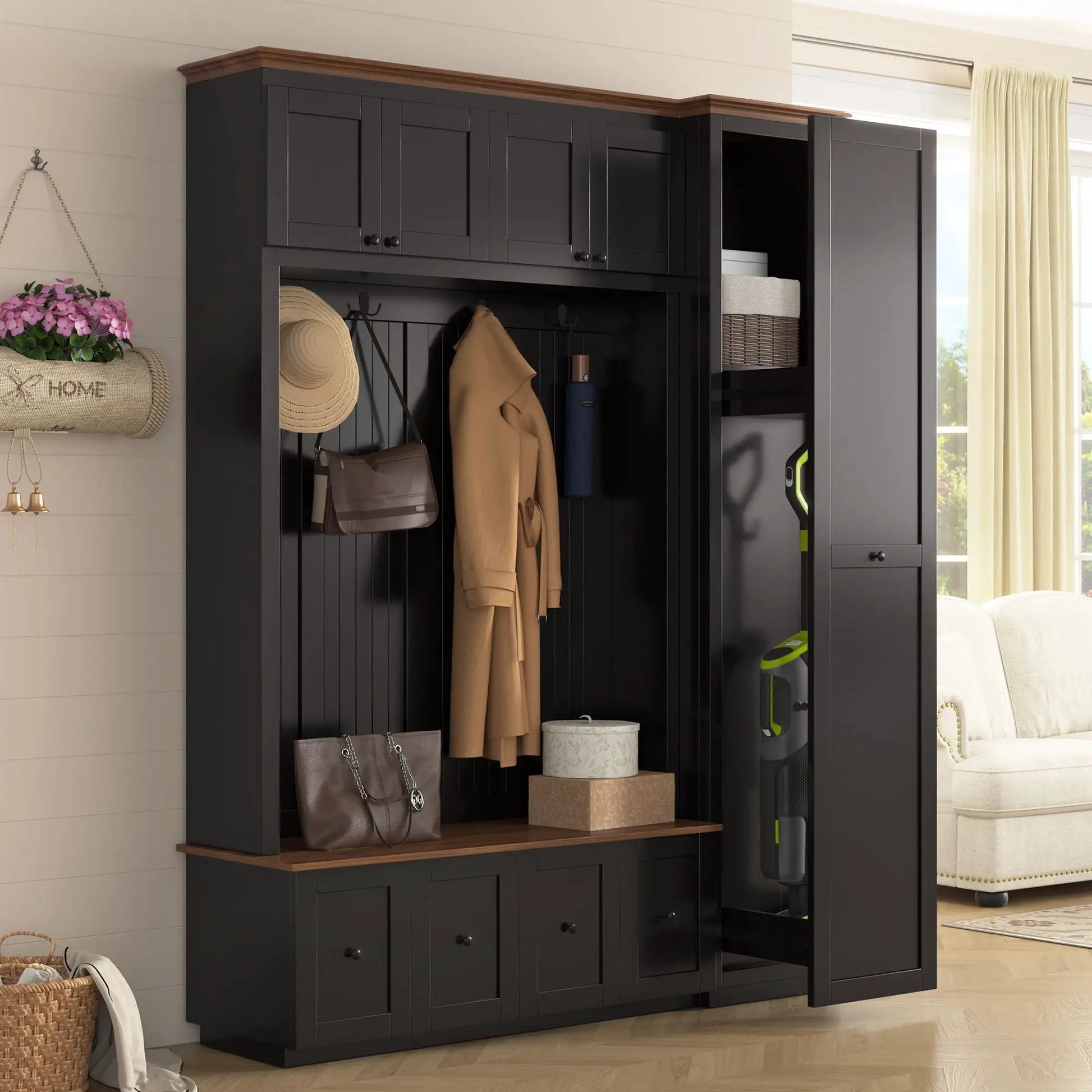 Hall tree with storage bench and cabinets in dark gray with trim by Unique Piece Furniture on Tampa Home & Garden Store