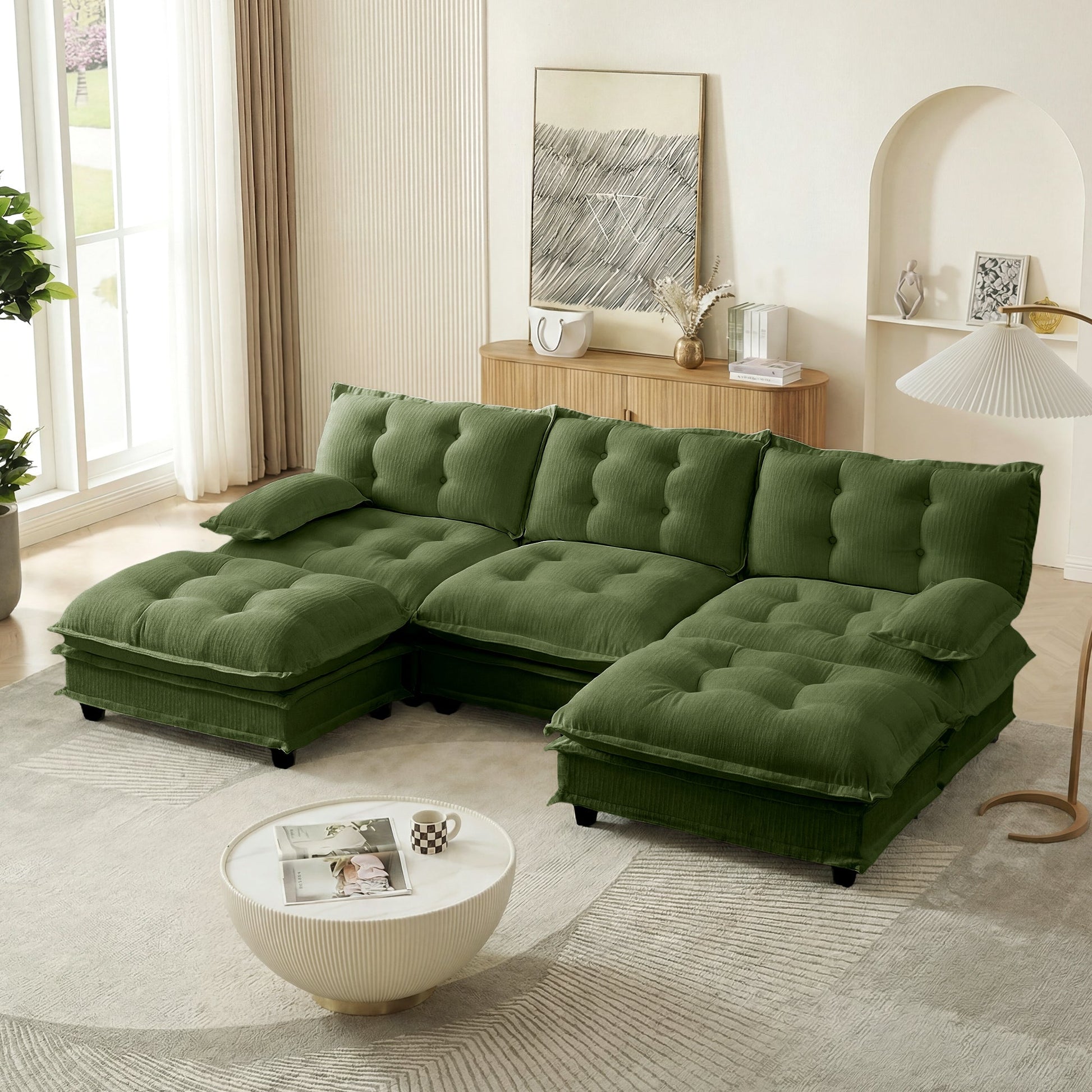 107inch U-shaped modern sofa modular sectional with ottomans in emerald green tufted fabric on Tampa Home & Garden Store