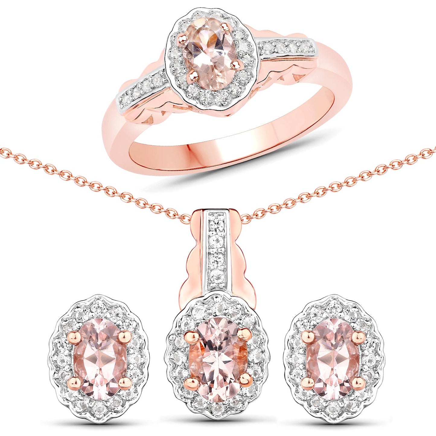 1.98ct Morganite halo set in rose gold with white topaz; ring, earrings, pendant on chain on Tampa Home & Garden Store