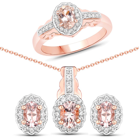 1.98ct Morganite halo set in rose gold with white topaz; ring, earrings, pendant on chain on Tampa Home & Garden Store