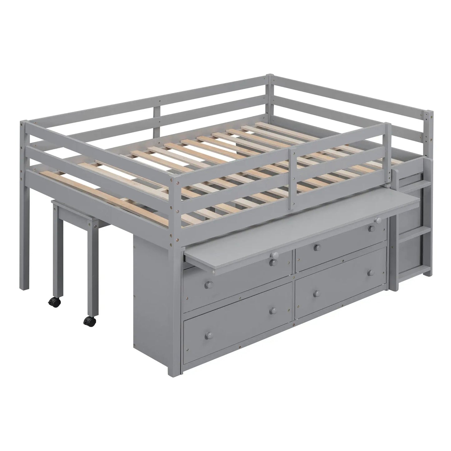 Loft bed frame in grey with slatted base and built-in dresser drawers on casters on Tampa Home & Garden Store