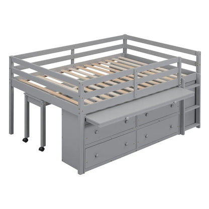 Loft bed frame in grey with slatted base and built-in dresser drawers on casters on Tampa Home & Garden Store