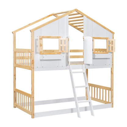 House Bunk Bed with Roof featuring white panels, natural wood frame, guardrails and ladder on Tampa Home & Garden Store