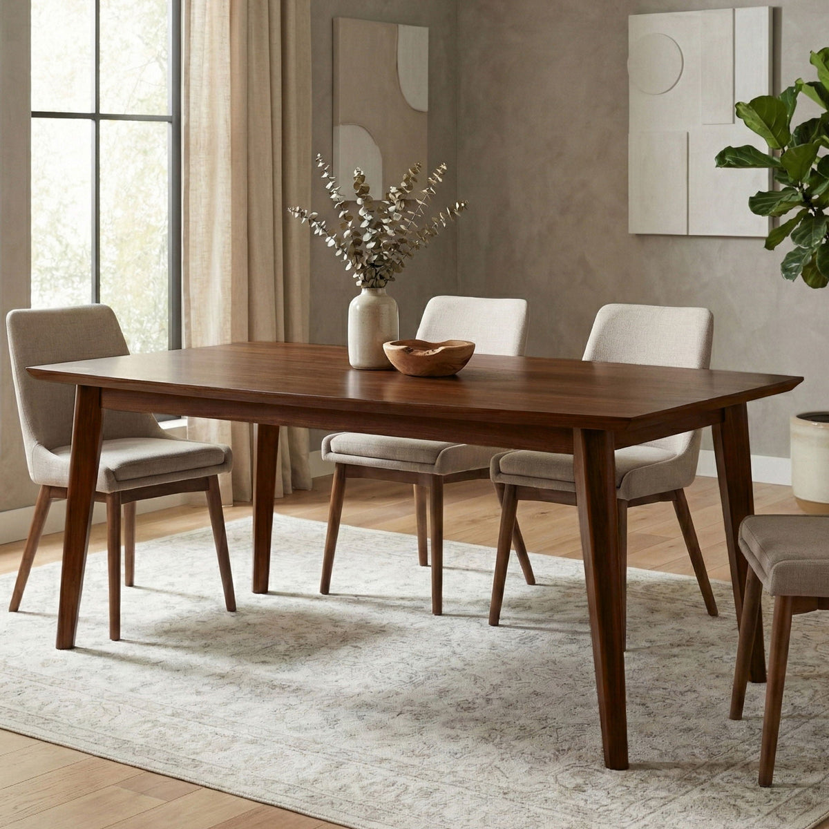 Rectangular dining table in dark brown wood with beige upholstered chairs HouseOfZazla on Tampa Home & Garden Store