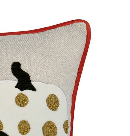 Embroidered Halloween Pumpkin Pillow by HouseOfZazla, linen throw with red piping on Tampa Home & Garden Store