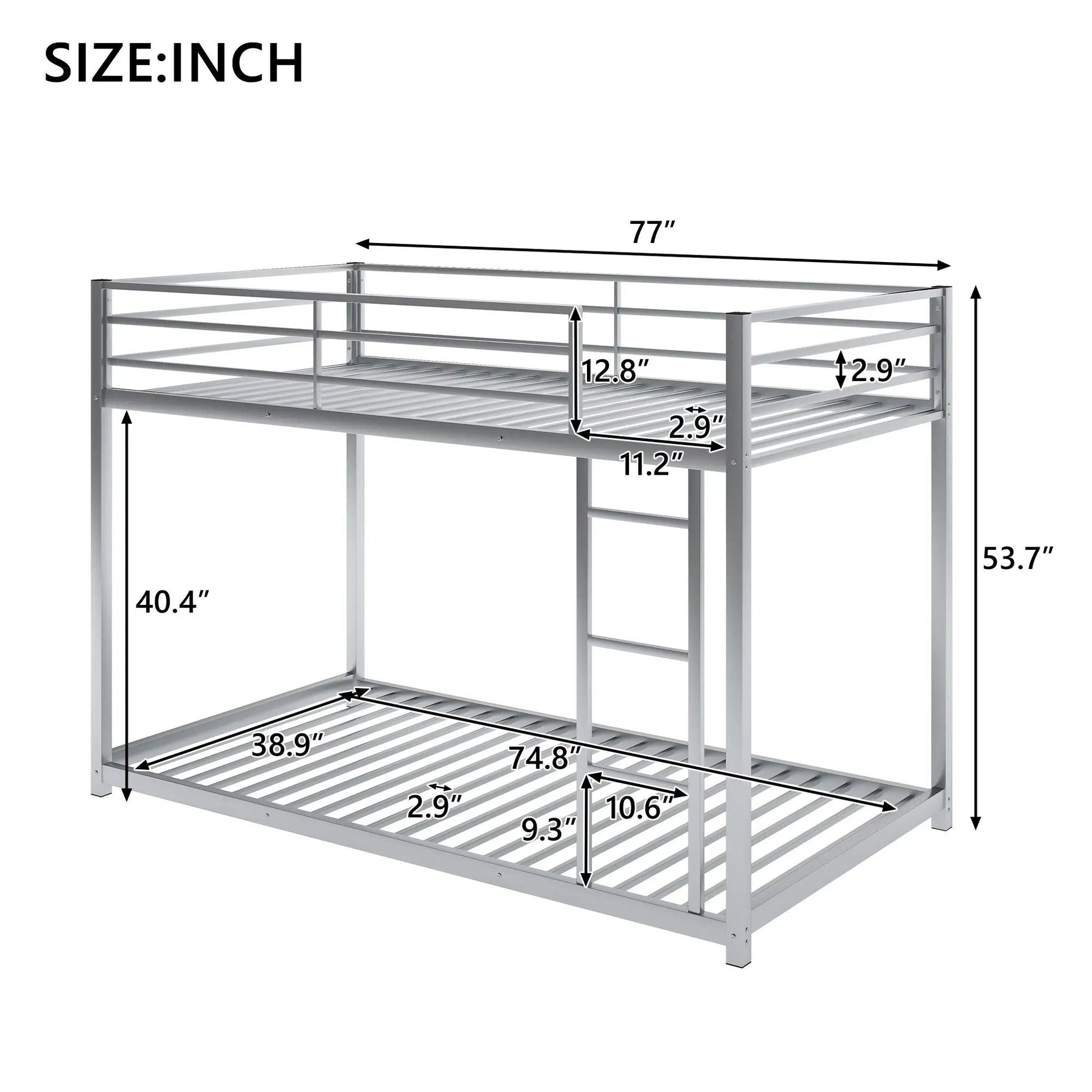 Metal bunk bed, low profile with ladder, gray steel frame, Unique Piece Furniture on Tampa Home & Garden Store