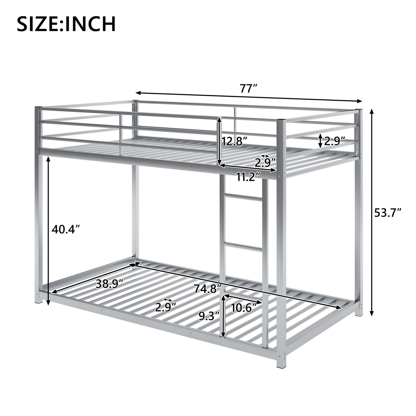 Metal bunk bed with ladder, low bunk design, silver metal frame by HouseOfZazla on Tampa Home & Garden Store
