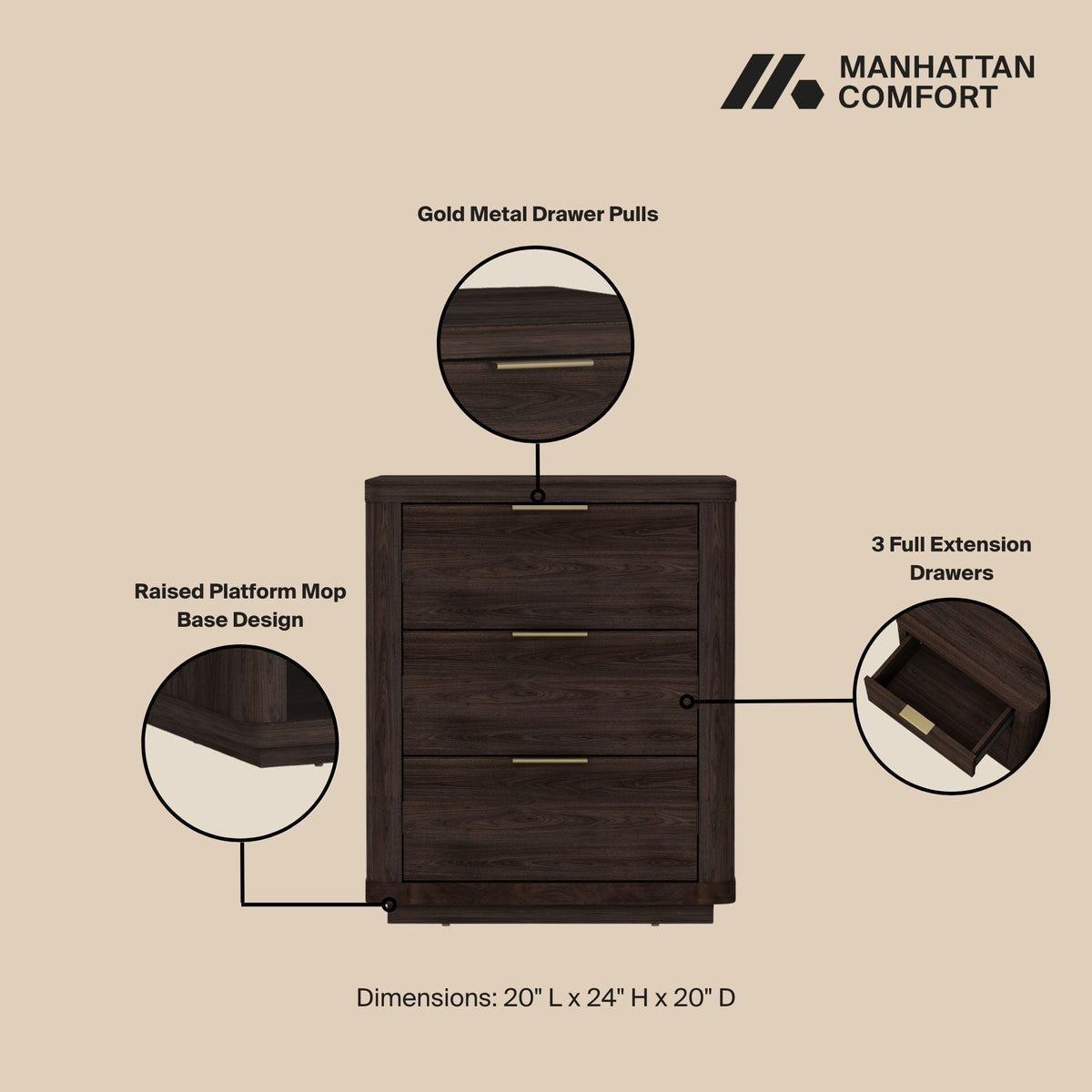 Nightstand in dark wood finish with 3 full-extension drawers and gold metal pulls on Tampa Home & Garden Store