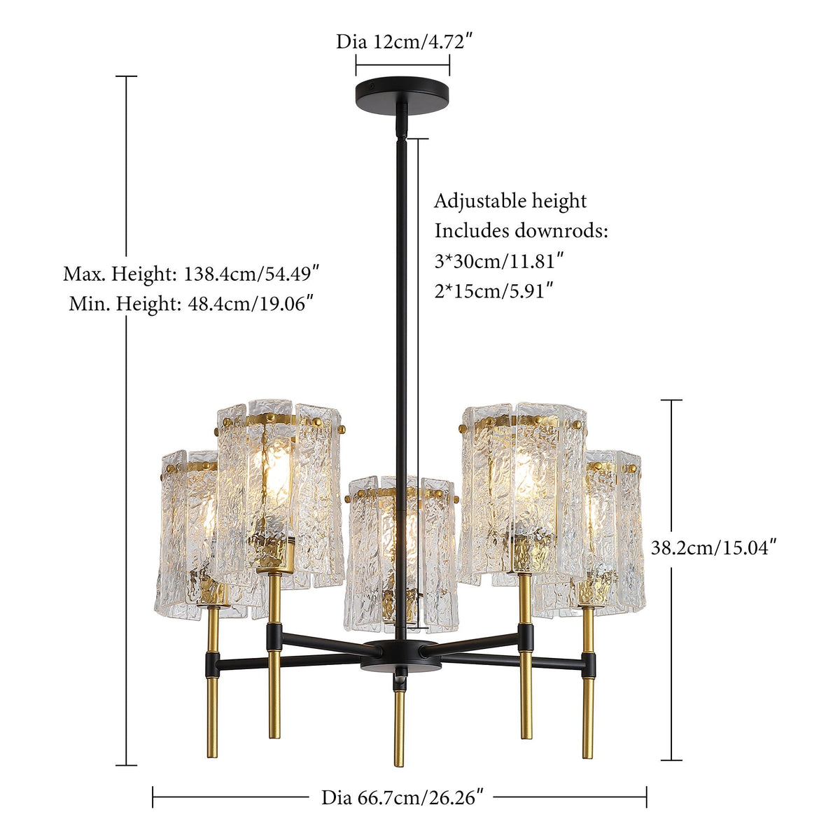 5-light textured glass chandelier by HouseOfZazla in black and gold with adjustable height on Tampa Home & Garden Store