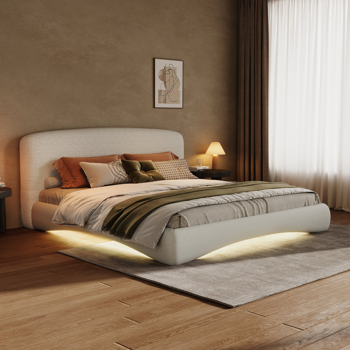 Curved upholstered bed with smart ambient lighting in beige fabric by HouseOfZazla on Tampa Home & Garden Store