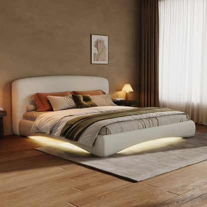 Curved upholstered bed with smart ambient lighting in beige fabric by HouseOfZazla on Tampa Home & Garden Store