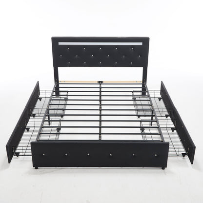Upholstered Bed Frame with LED Lights Storage