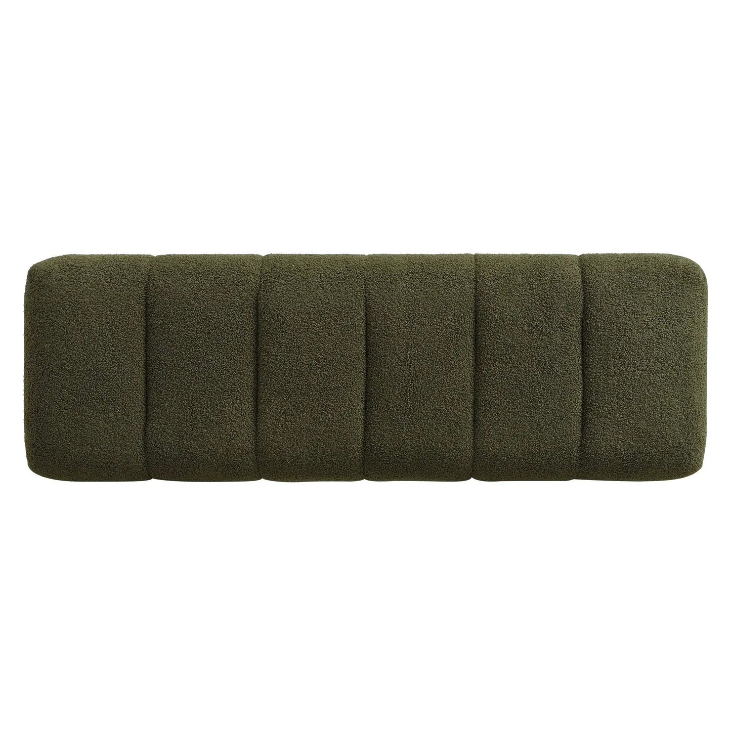 Upholstered dining bench in olive green boucle with vertical tufted sections on Tampa Home & Garden Store