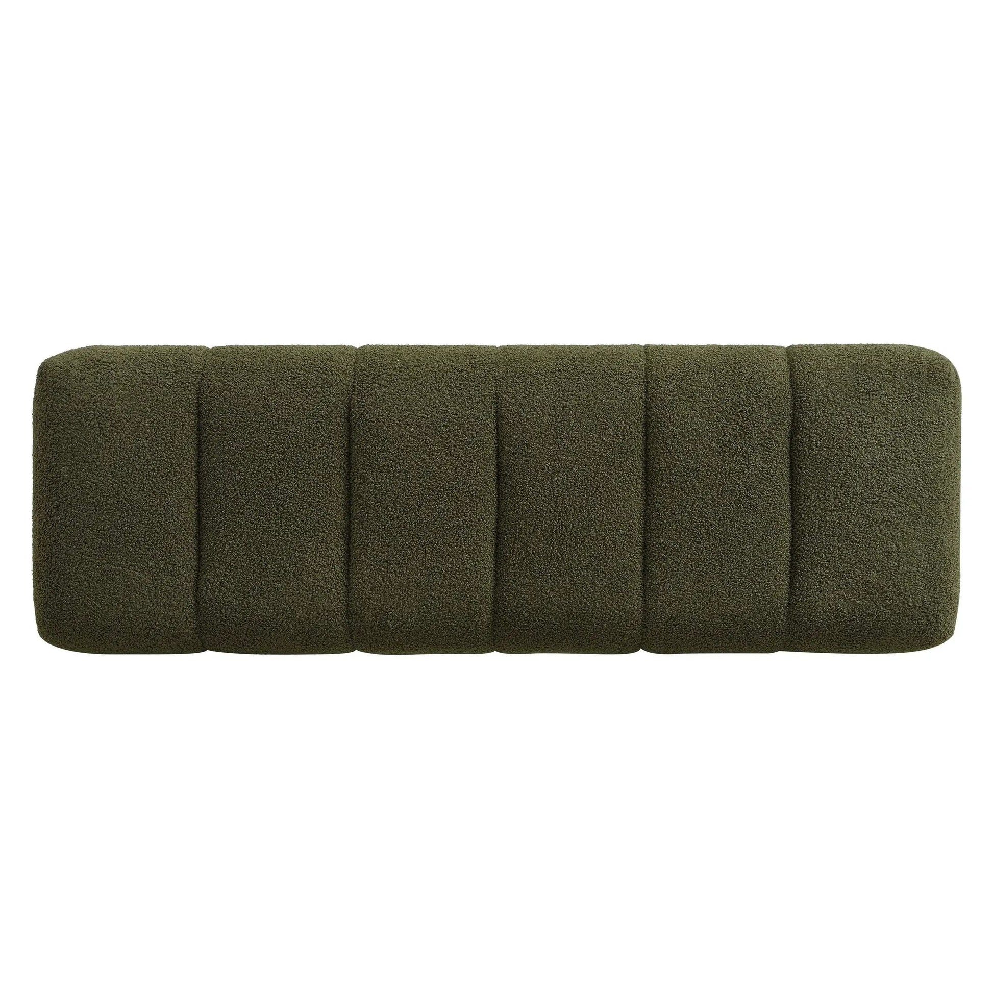 Upholstered dining bench in olive green boucle with vertical tufted sections on Tampa Home & Garden Store