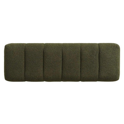 Upholstered dining bench in olive green boucle with vertical tufted sections on Tampa Home & Garden Store