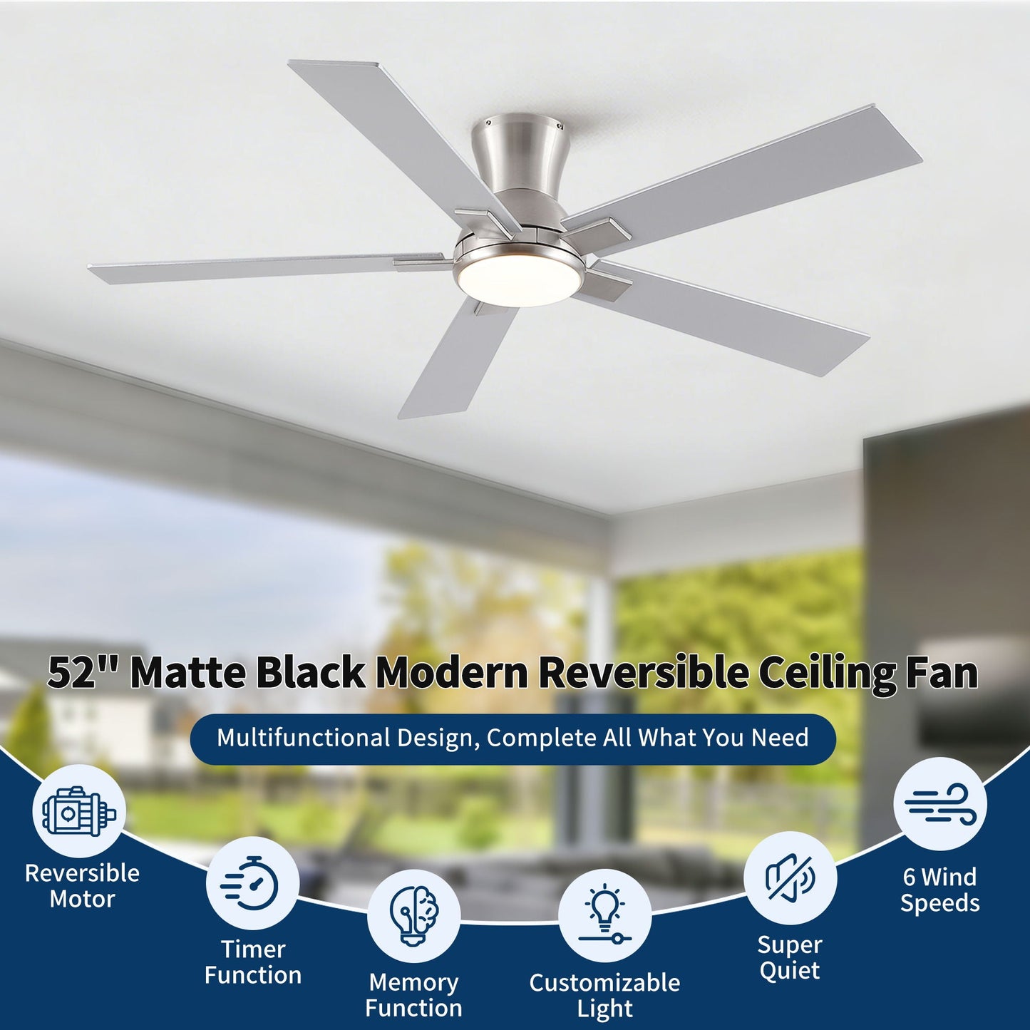 Low-profile flush-mount LED ceiling fan with light, reversible motor, matte gray on Tampa Home & Garden Store