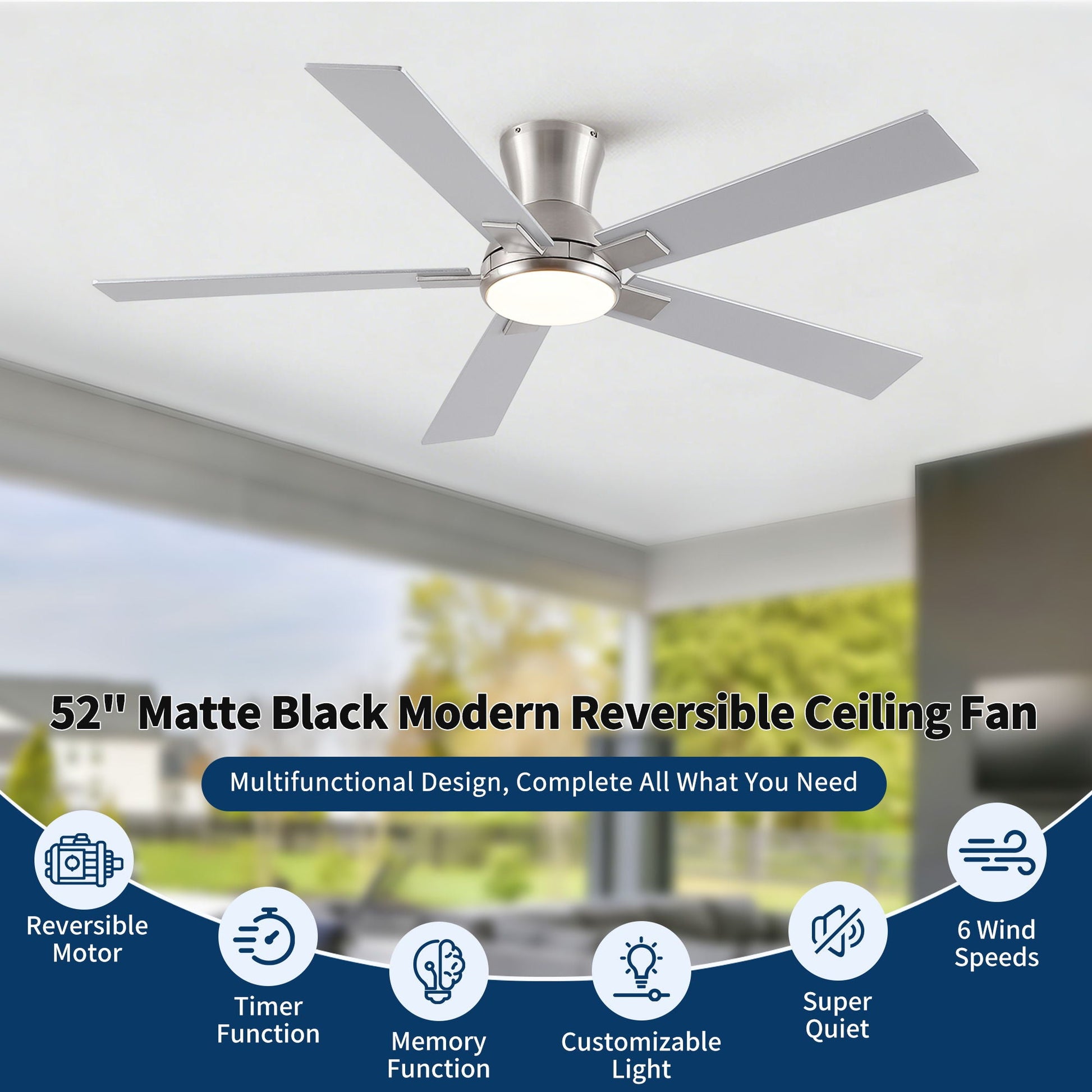 Low-profile flush-mount LED ceiling fan with light, reversible motor, matte gray on Tampa Home & Garden Store