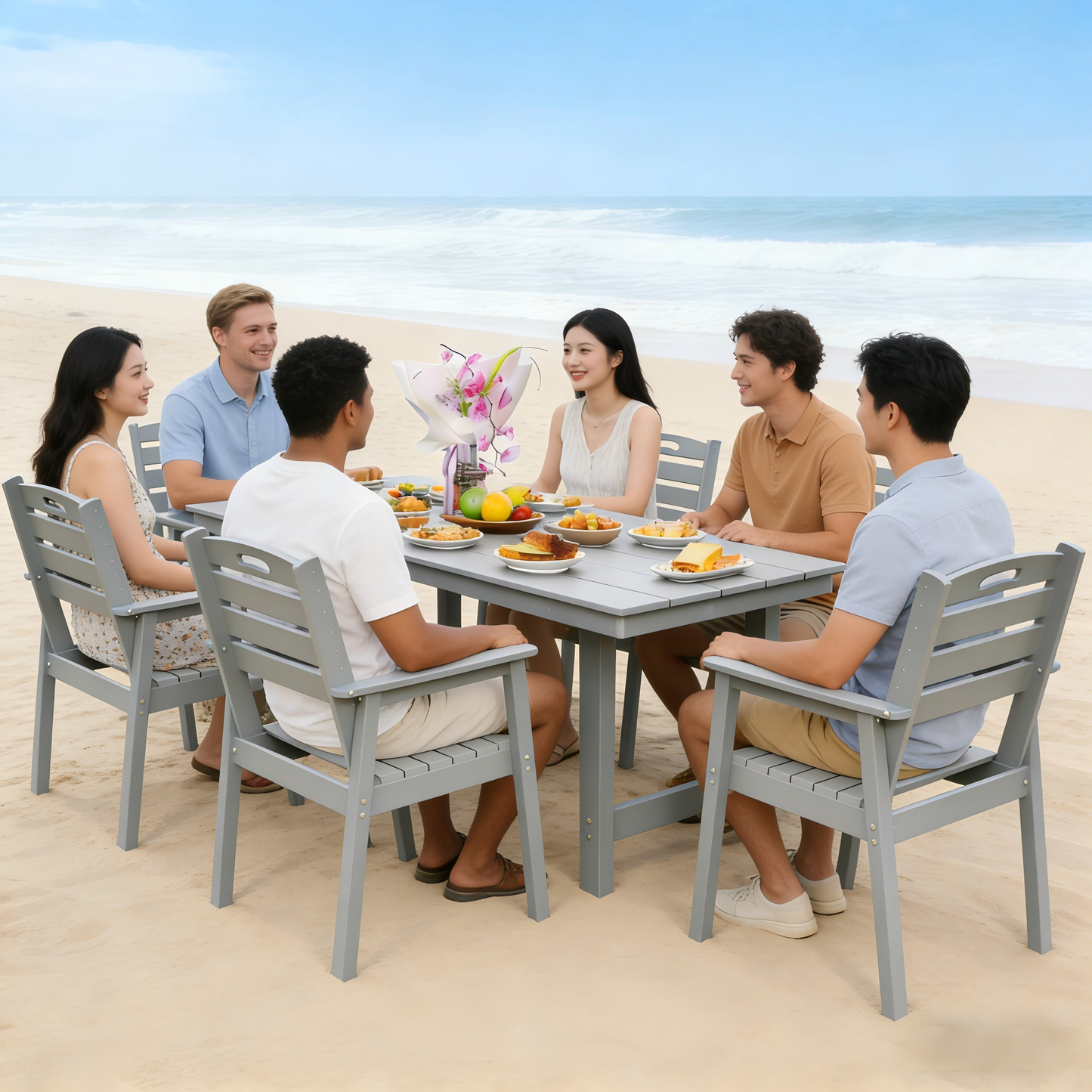 HDPE outdoor patio dining set with table and six gray chairs on a sandy beach on Tampa Home & Garden Store