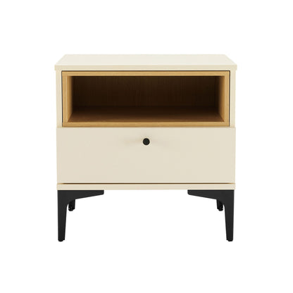 Amara Nightstand with 1 Drawer beige finish and black metal legs open wood interior on Tampa Home & Garden Store