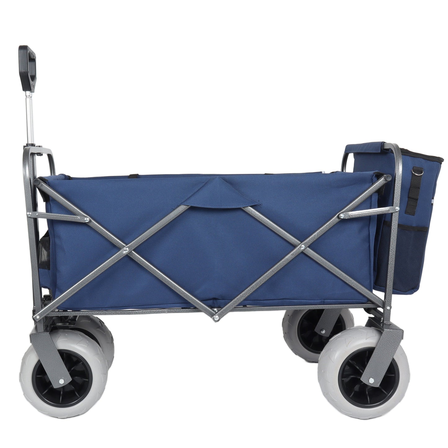 Beach Wagon with Big Wheels for Sand navy fabric wagon with silver frame and four gray wheels on Tampa Home & Garden Store