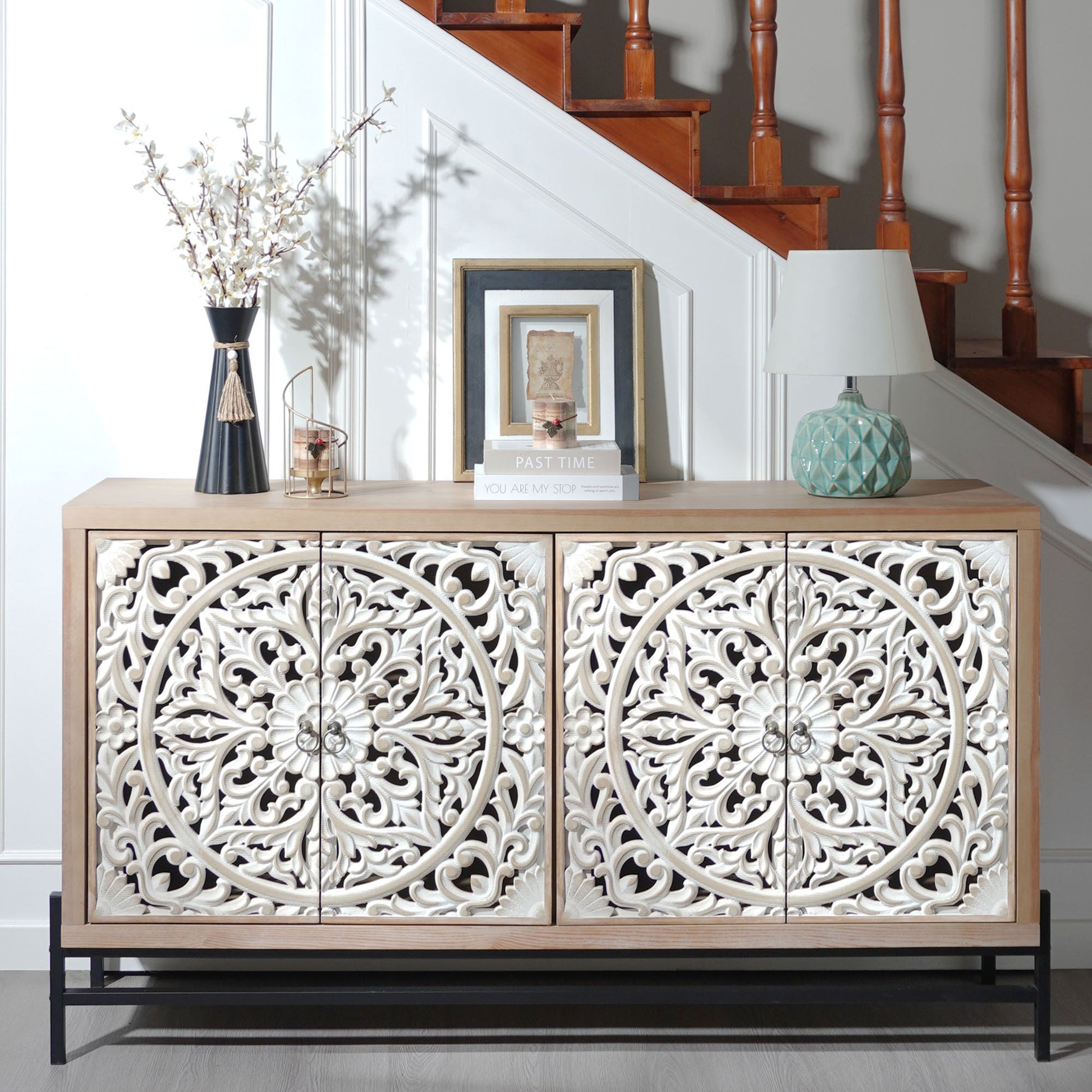 4 Door Wood Cabinet with white carved lattice doors, light wood frame, black metal base on Tampa Home & Garden Store