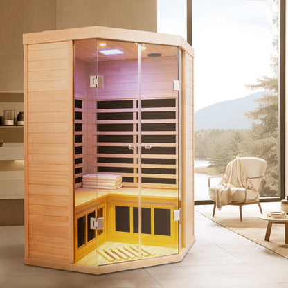 Deluxe Hemlock Far Infrared Corner Sauna with glass front for two by HouseOfZazla on Tampa Home & Garden Store