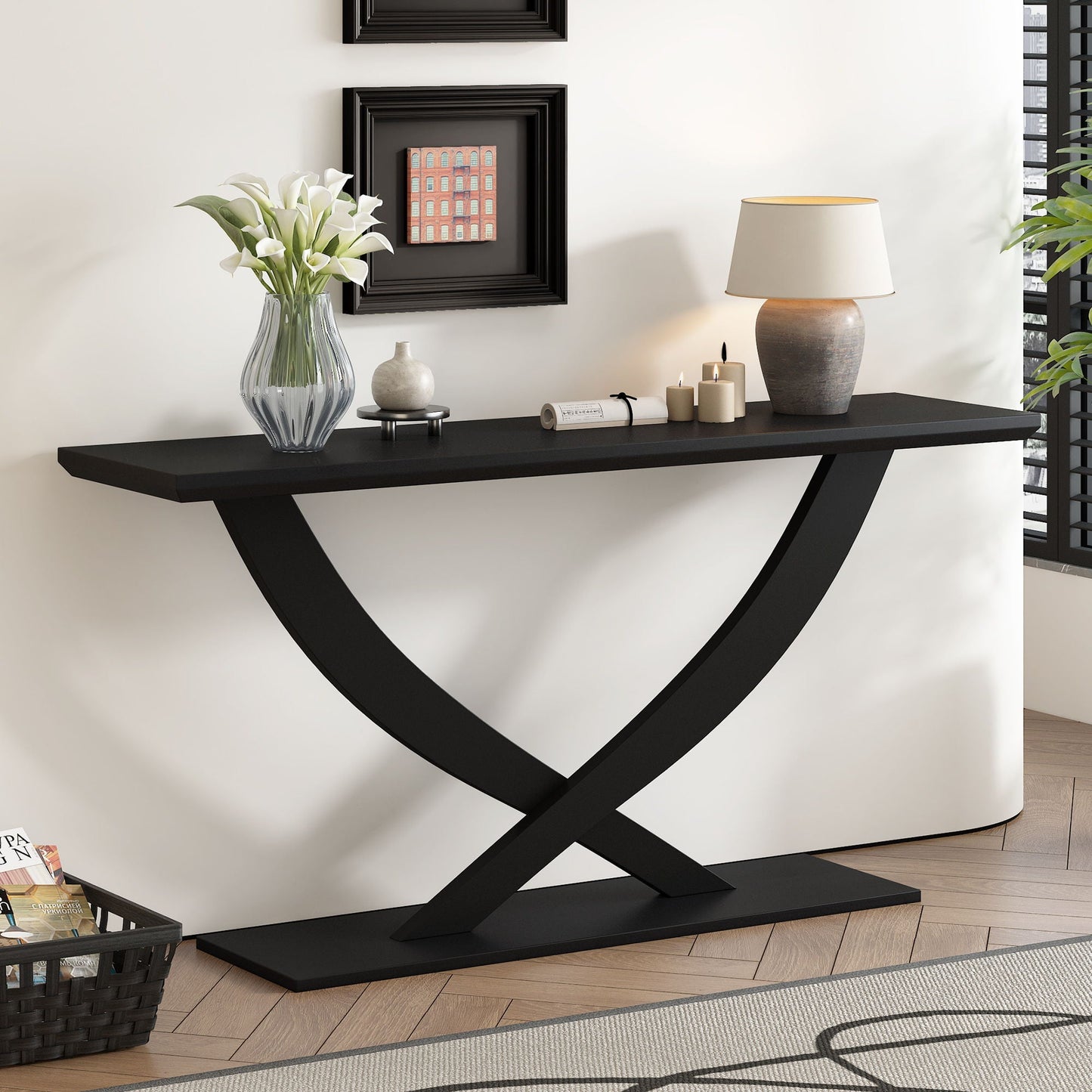 Console table by HouseOfZazla with cross leg base and reinforced plate, black finish on Tampa Home & Garden Store