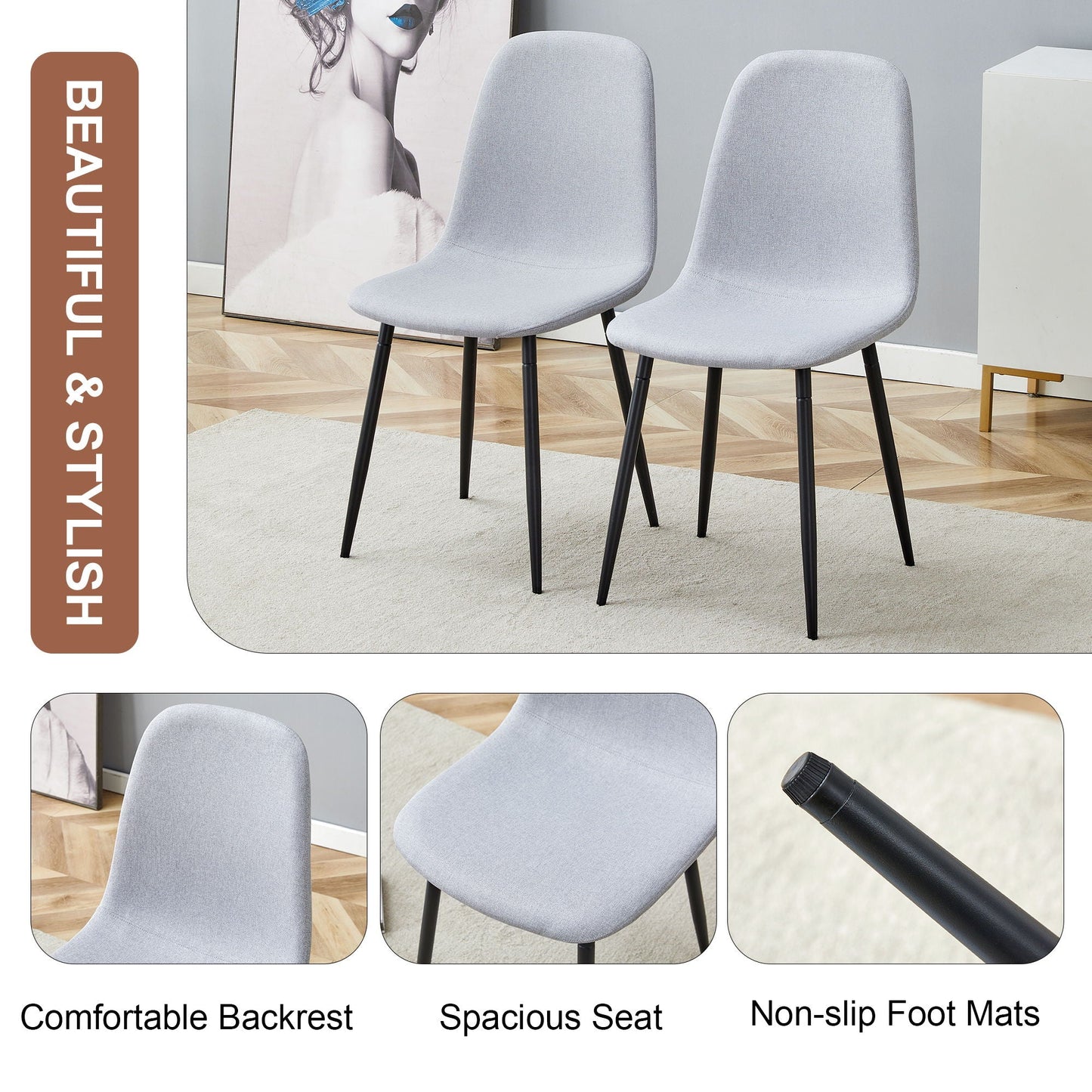 Modern Medieval Style Cushioned Side Chairs, gray fabric, metal legs, HouseOfZazla 2-pack on Tampa Home & Garden Store