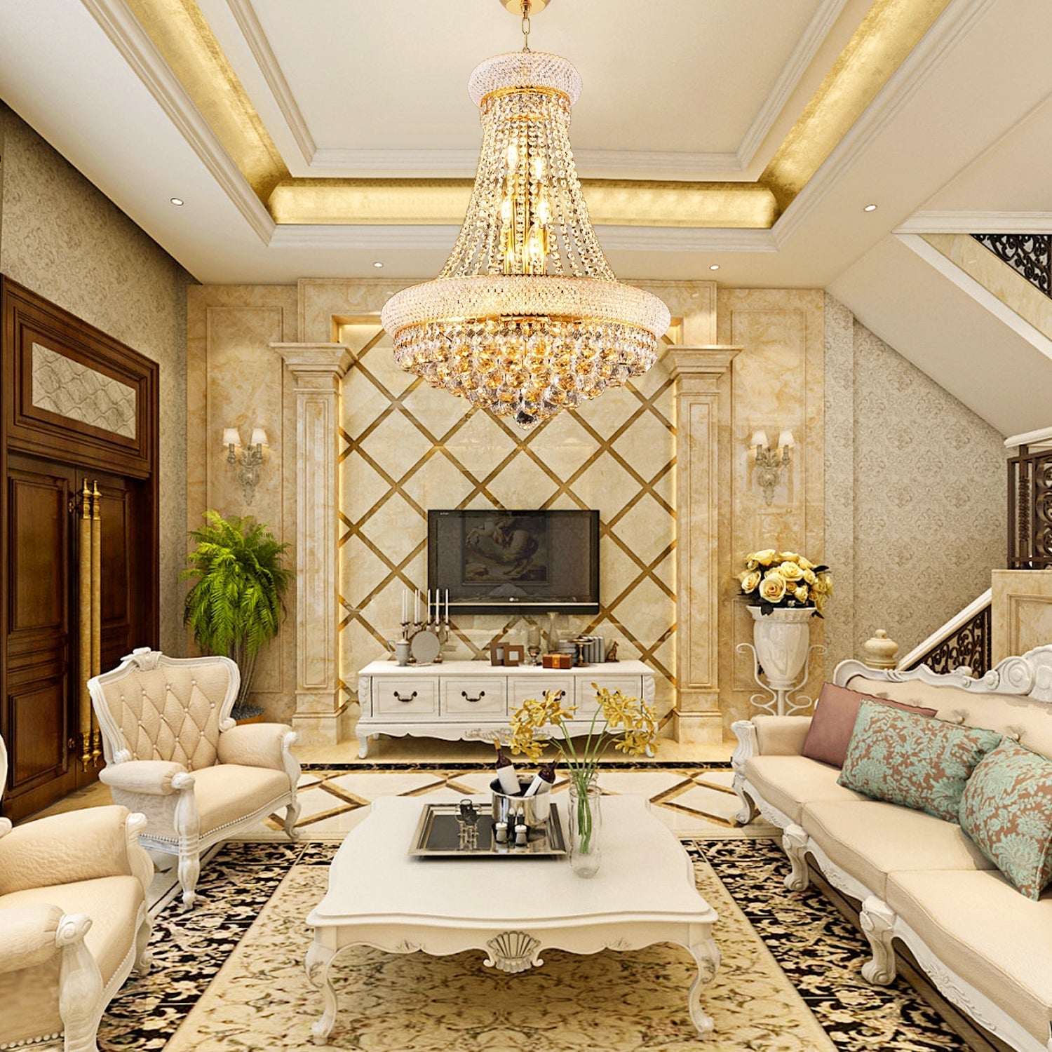 24-Inch Gold Crystal Chandelier, 12-light French Empire ceiling light with crystal strands on Tampa Home & Garden Store