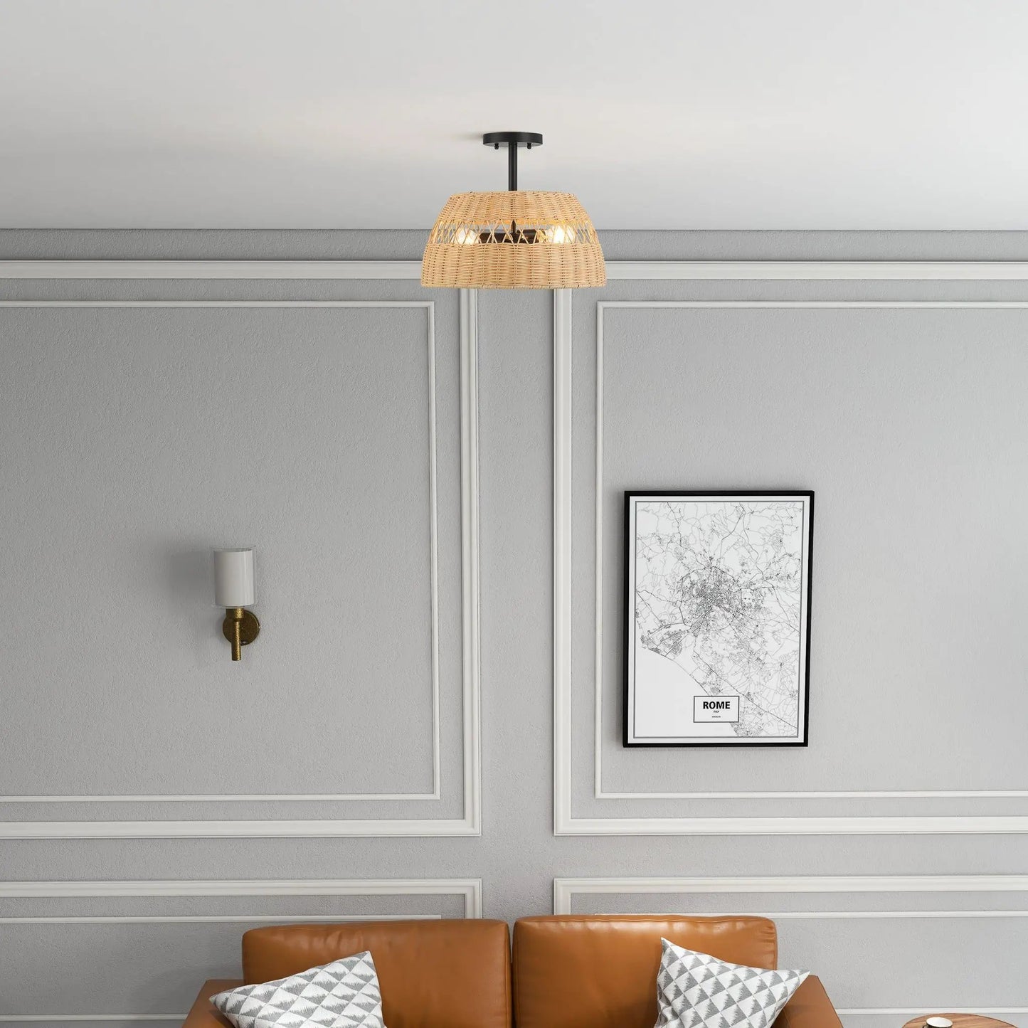 Twinkle double-light semi-flush ceiling lamp with black finish and rattan shade on Tampa Home & Garden Store