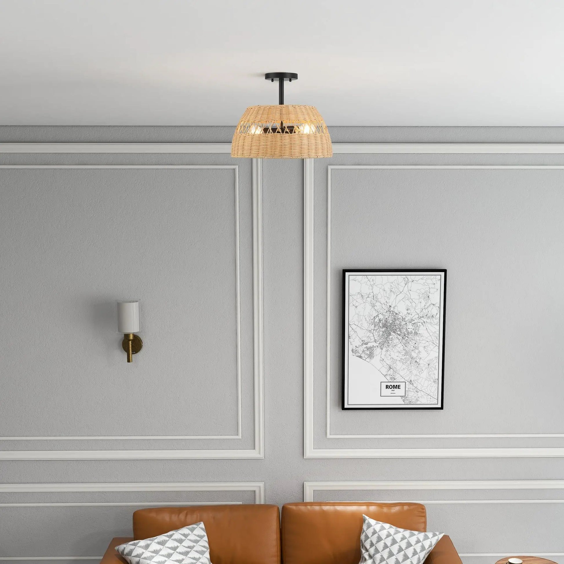 Twinkle double-light semi-flush ceiling lamp with black finish and rattan shade on Tampa Home & Garden Store