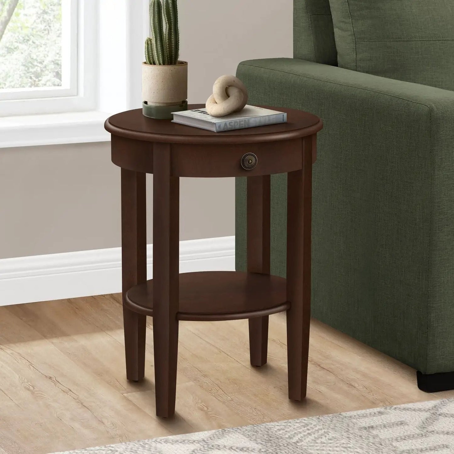 Accent Table 2-Tier espresso finish round wood side table with drawer knob, plant and book on Tampa Home & Garden Store