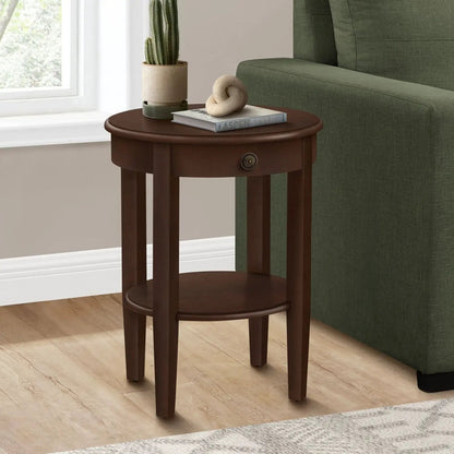Accent Table 2-Tier espresso finish round wood side table with drawer knob, plant and book on Tampa Home & Garden Store