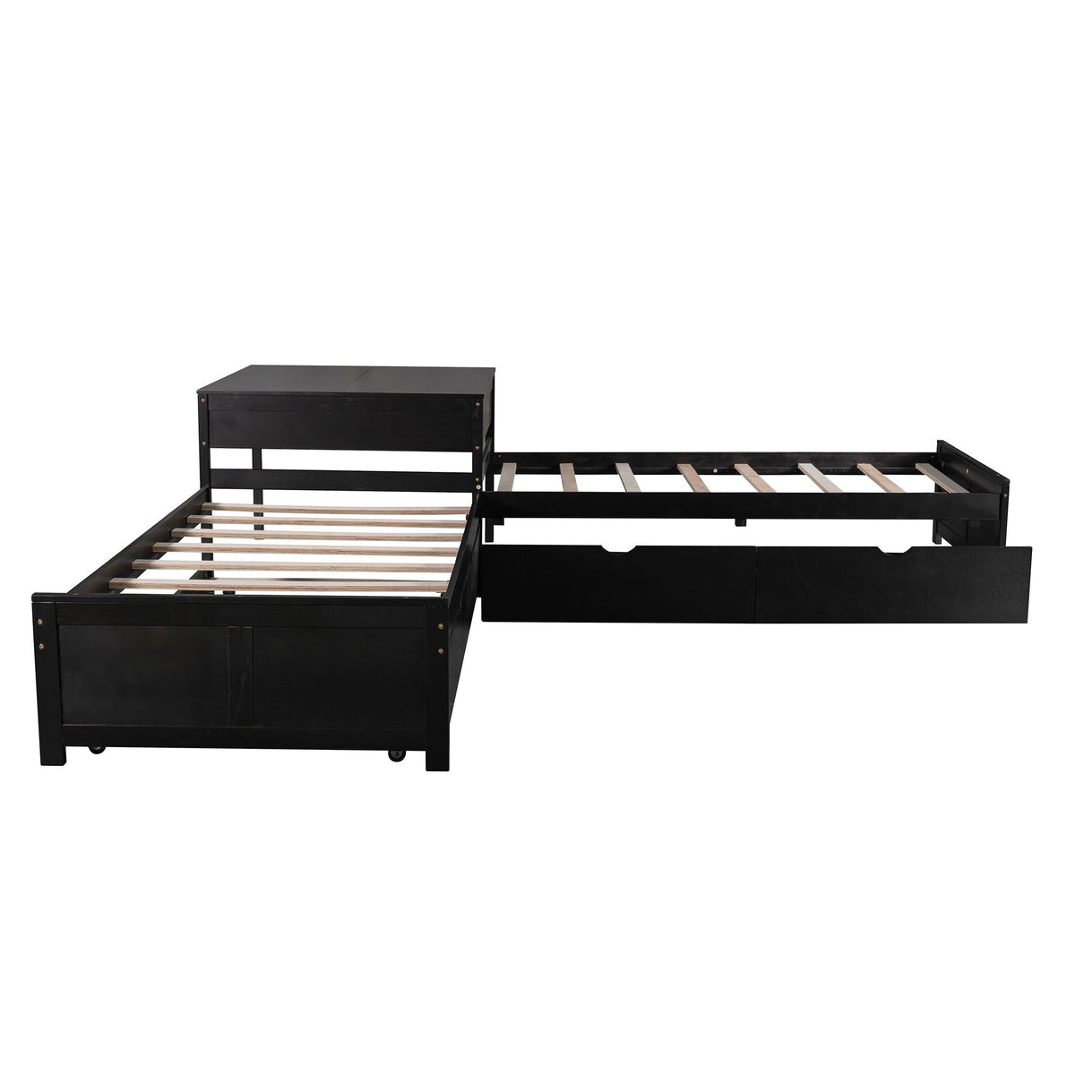 HouseOfZazla black L-shaped platform bed with built-in desk, trundle, and drawers on Tampa Home & Garden Store