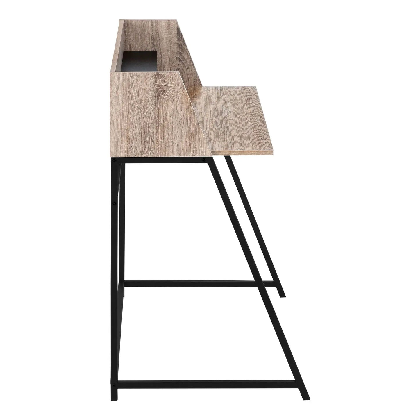Computer desk with light wood veneer, integrated storage shelf and black metal legs on Tampa Home & Garden Store