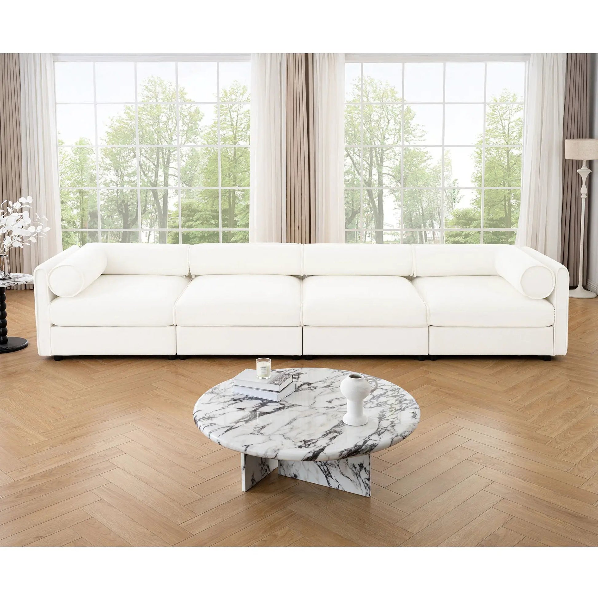 Stylish sofa with storage and cylindrical backrest, white fabric by Unique Piece Furniture on Tampa Home & Garden Store