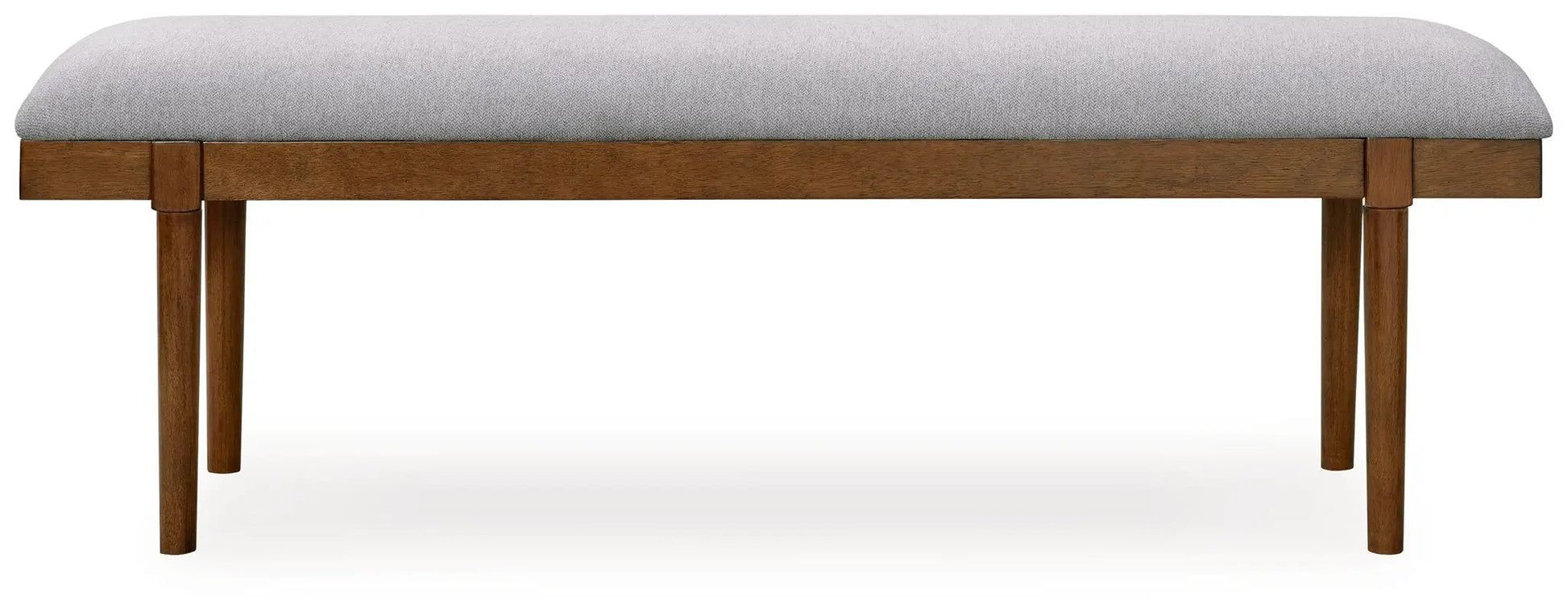 Large upholstered dining bench with gray fabric cushion and brown wood legs on Tampa Home & Garden Store