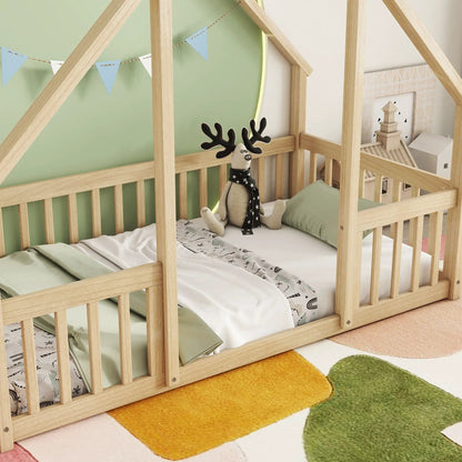 Wood house-shaped floor bed with fence and guardrails, wood frame by Unique Piece Furniture on Tampa Home & Garden Store