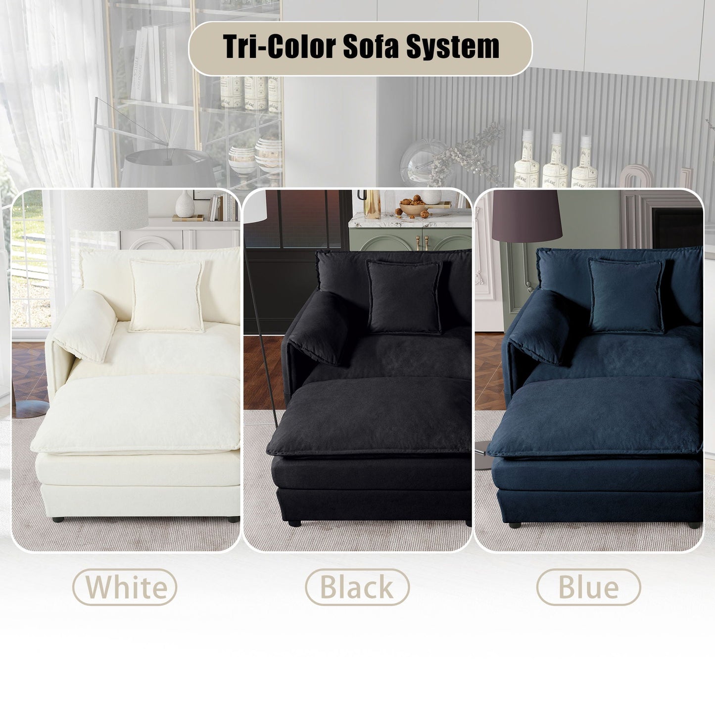 Modern Comfy Deep Seat Modular Sectional Sofa Cloud Couch With Ottoman white black blue on Tampa Home & Garden Store