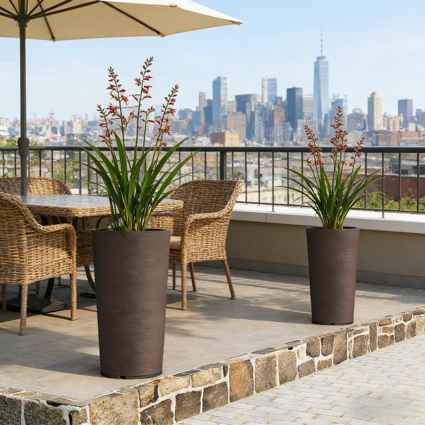 Tall Stackable Planters Set of 2 dark brown textured pots on a patio with wicker chairs on Tampa Home & Garden Store