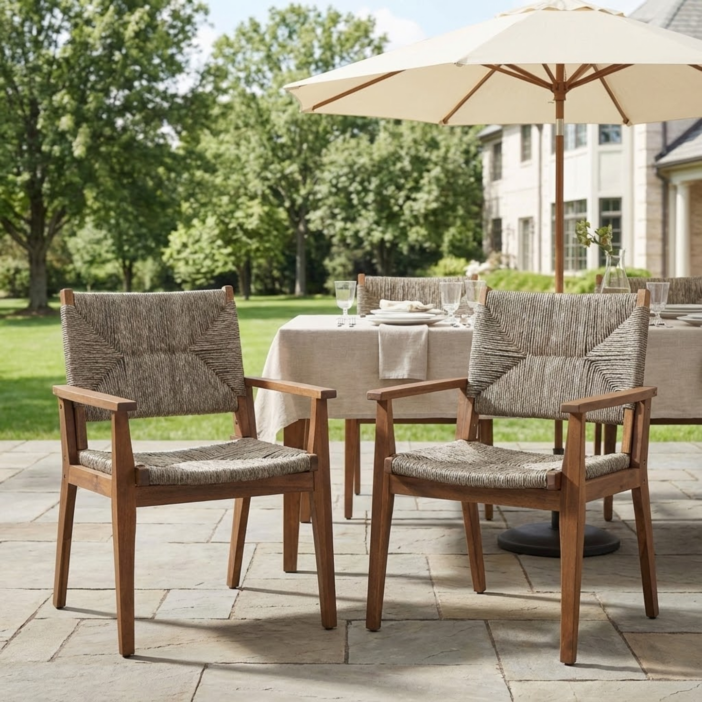 Outdoor dining chair set by HouseOfZazla with acacia wood frames and wicker seats, six chairs on Tampa Home & Garden Store