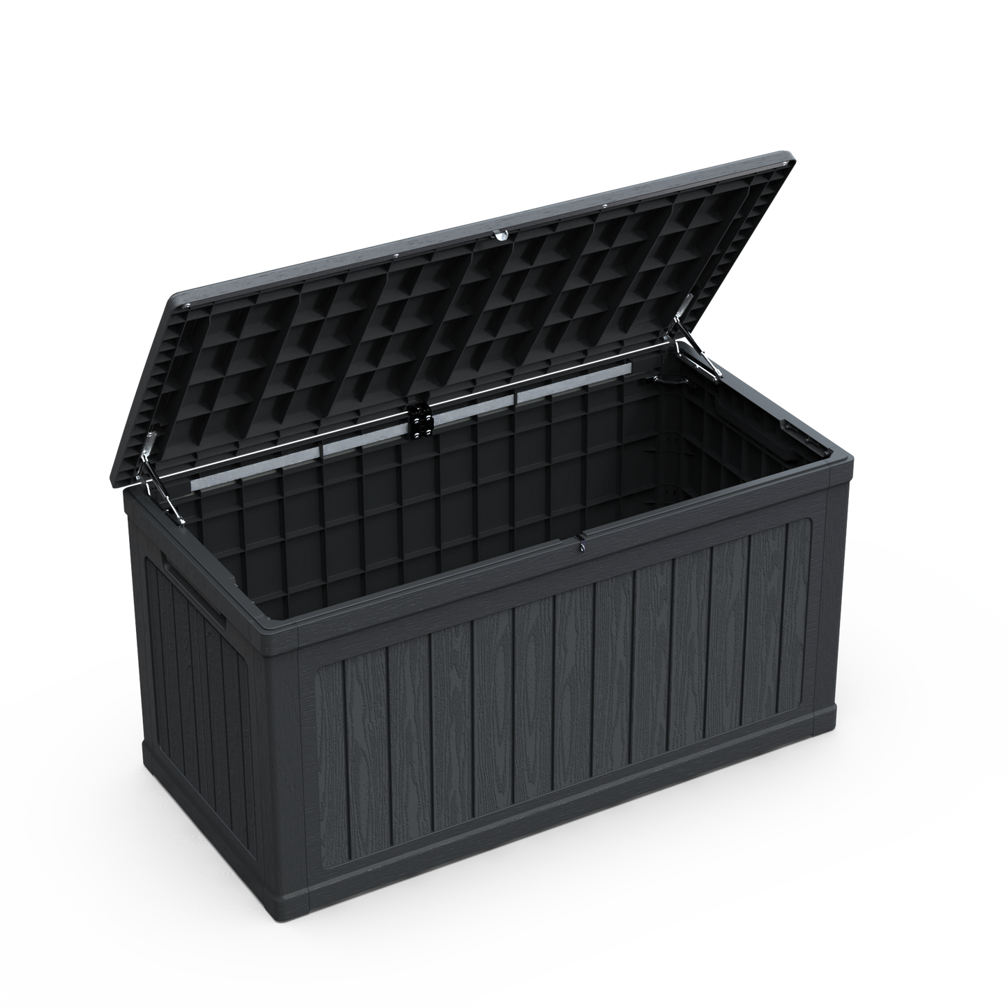 230 Gallon Large Outdoor Storage XXL Deck Box, black resin storage chest with open lid and metal struts on Tampa Home & Garden Store