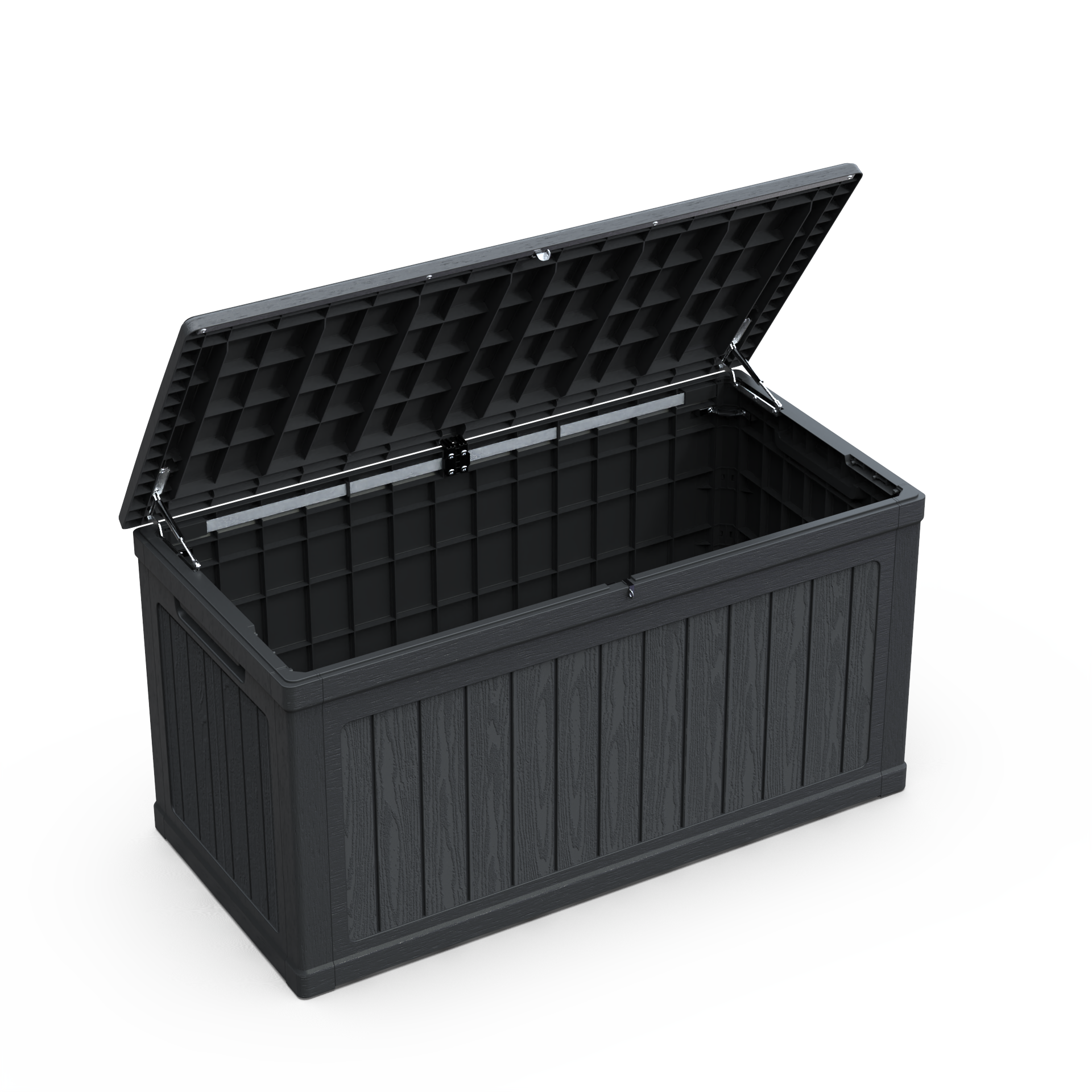 230 Gallon Large Outdoor Storage XXL Deck Box, black resin storage chest with open lid and metal struts on Tampa Home & Garden Store