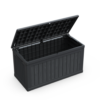 230 Gallon Large Outdoor Storage XXL Deck Box, black resin storage chest with open lid and metal struts on Tampa Home & Garden Store