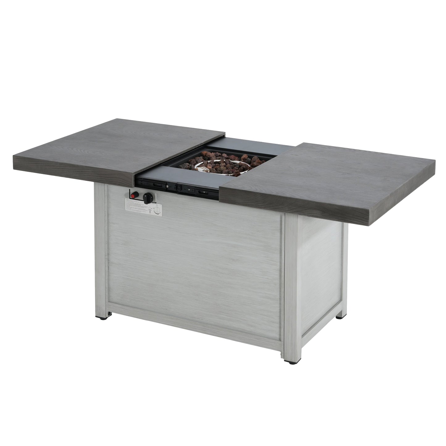 Extendable rectangle aluminum fire pit table by HouseOfZazla gray woodgrain top lava rocks on Tampa Home & Garden Store